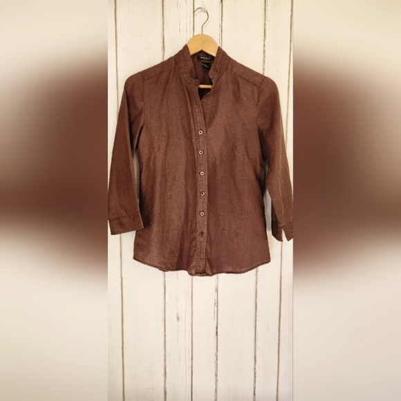 100% linen Autograph priest collar brown blouse sz S - Picture 1 of 10